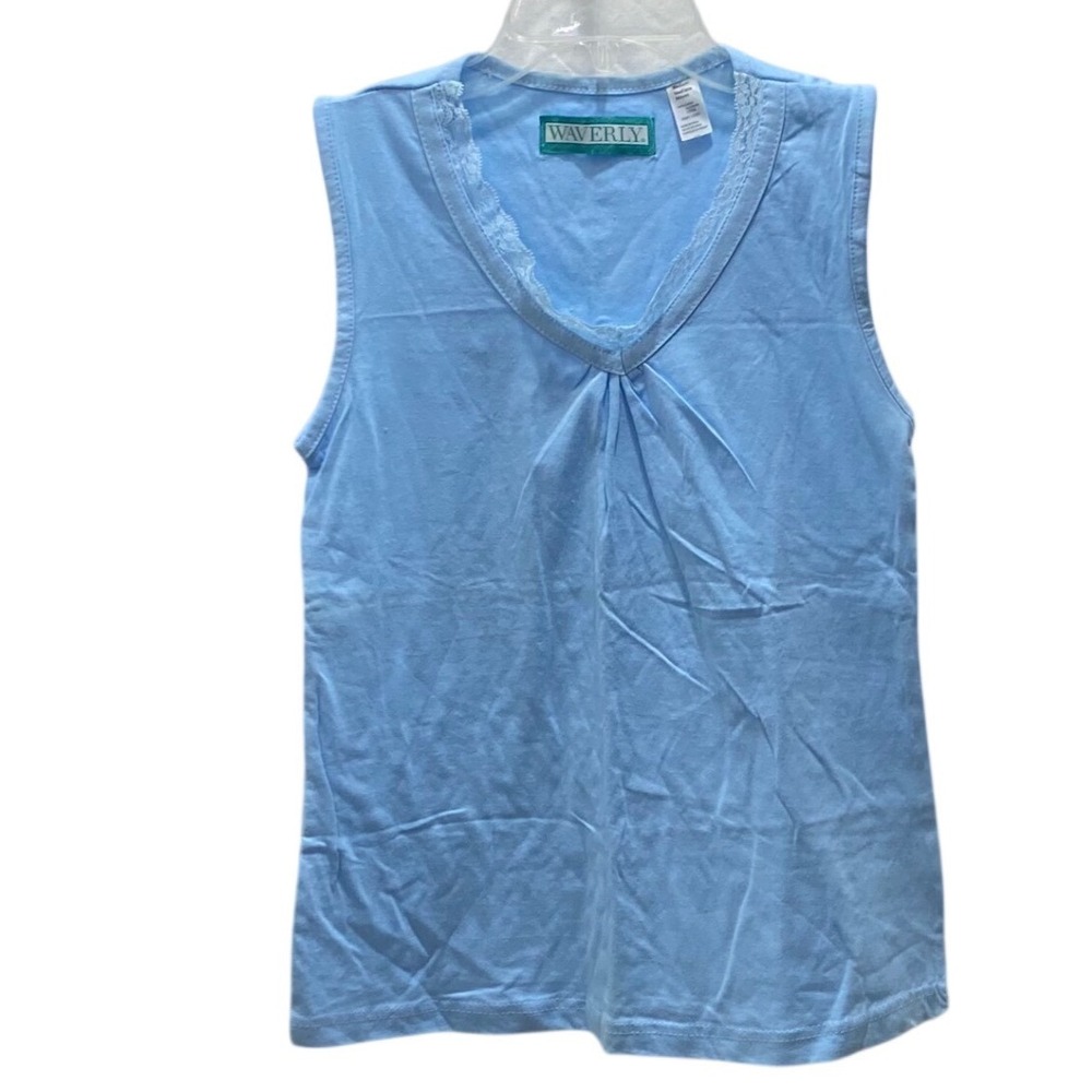 Waverly Womens Light Blue Lace Trim V-Neck Sleeveless Cotton Top Medium 2926 - Picture 5 of 7